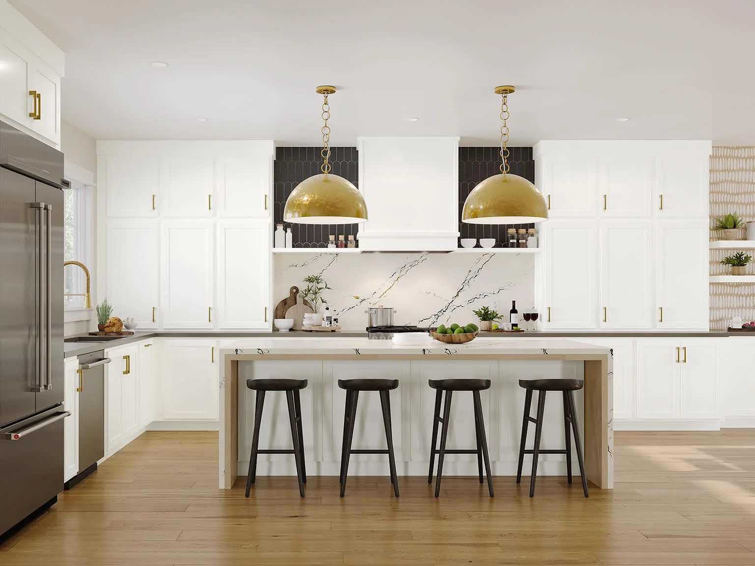 bright white kitchen with gold hardware and light wood floors