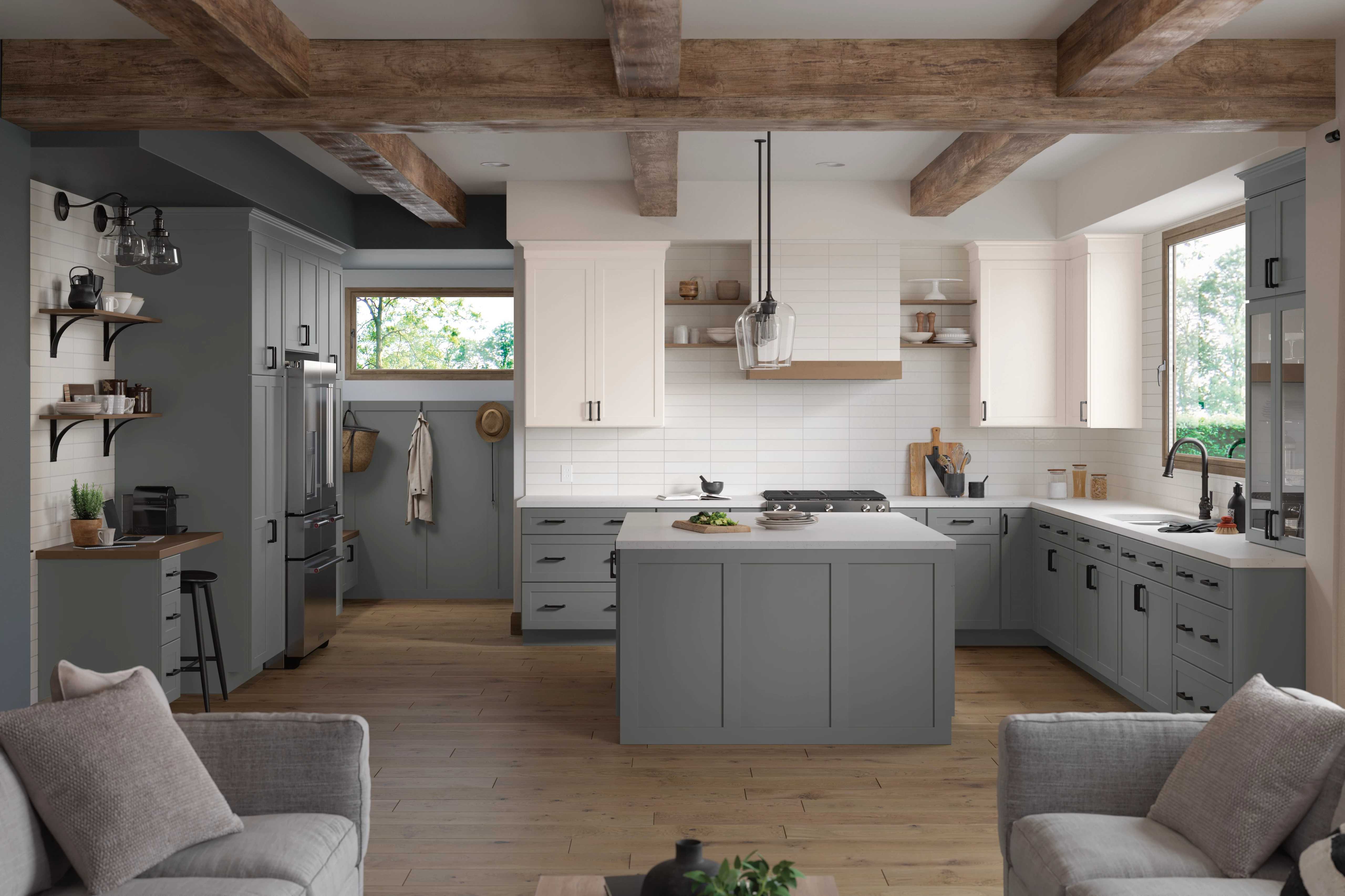 kitchen with light blue cabinets and light countertops