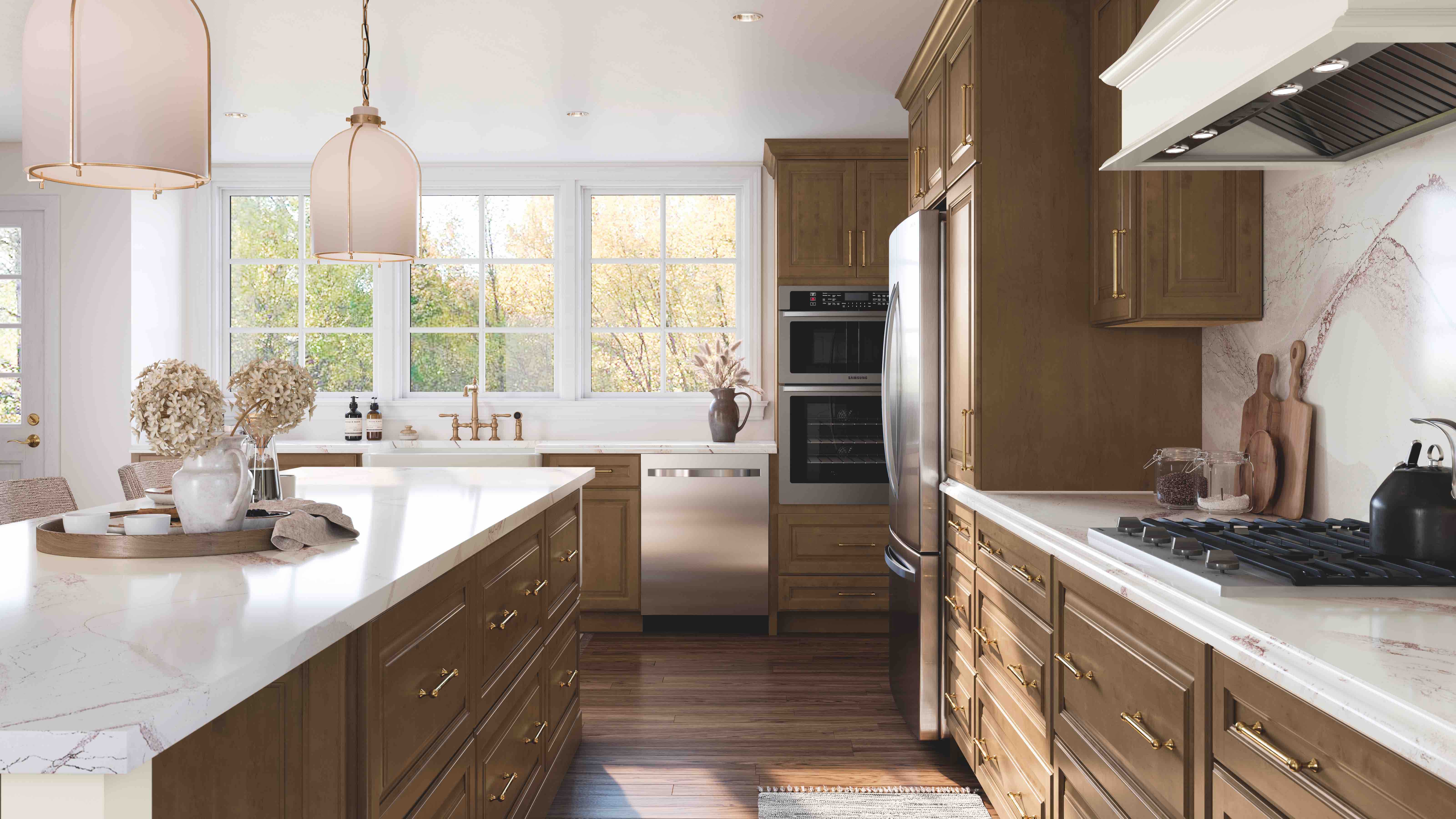 kitchen with brown wooden cabinets and light countertops