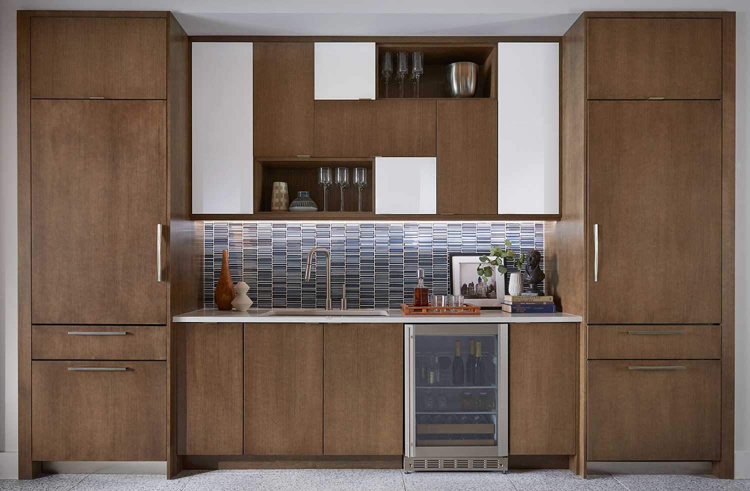 wooden kitchen cabinets with fridge and sink