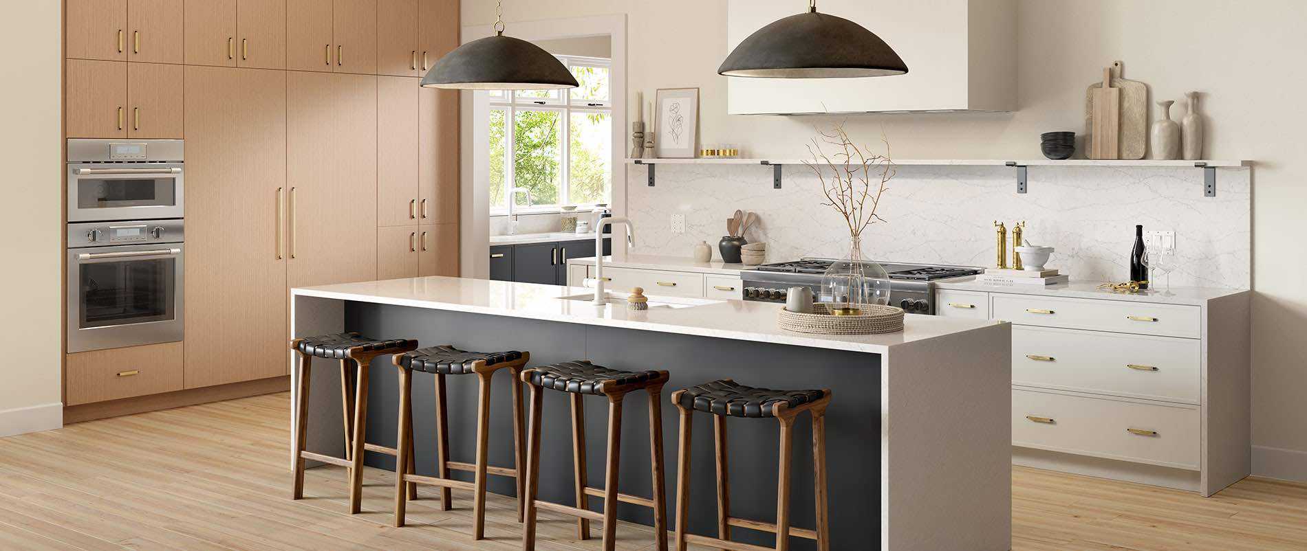 sleek and modern kitchen with brown and white cabinets