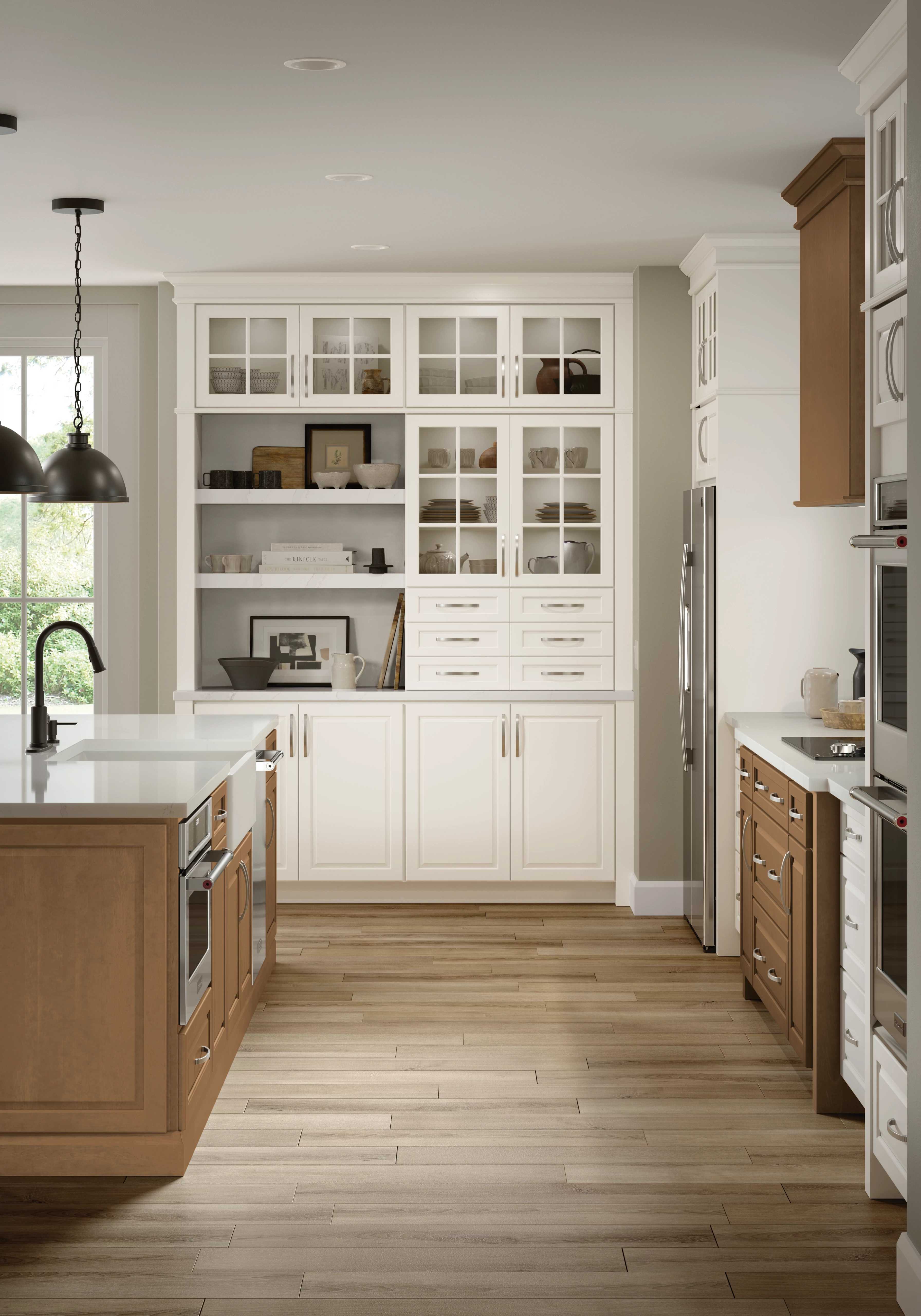 modern kitchen with white and brown cabinets