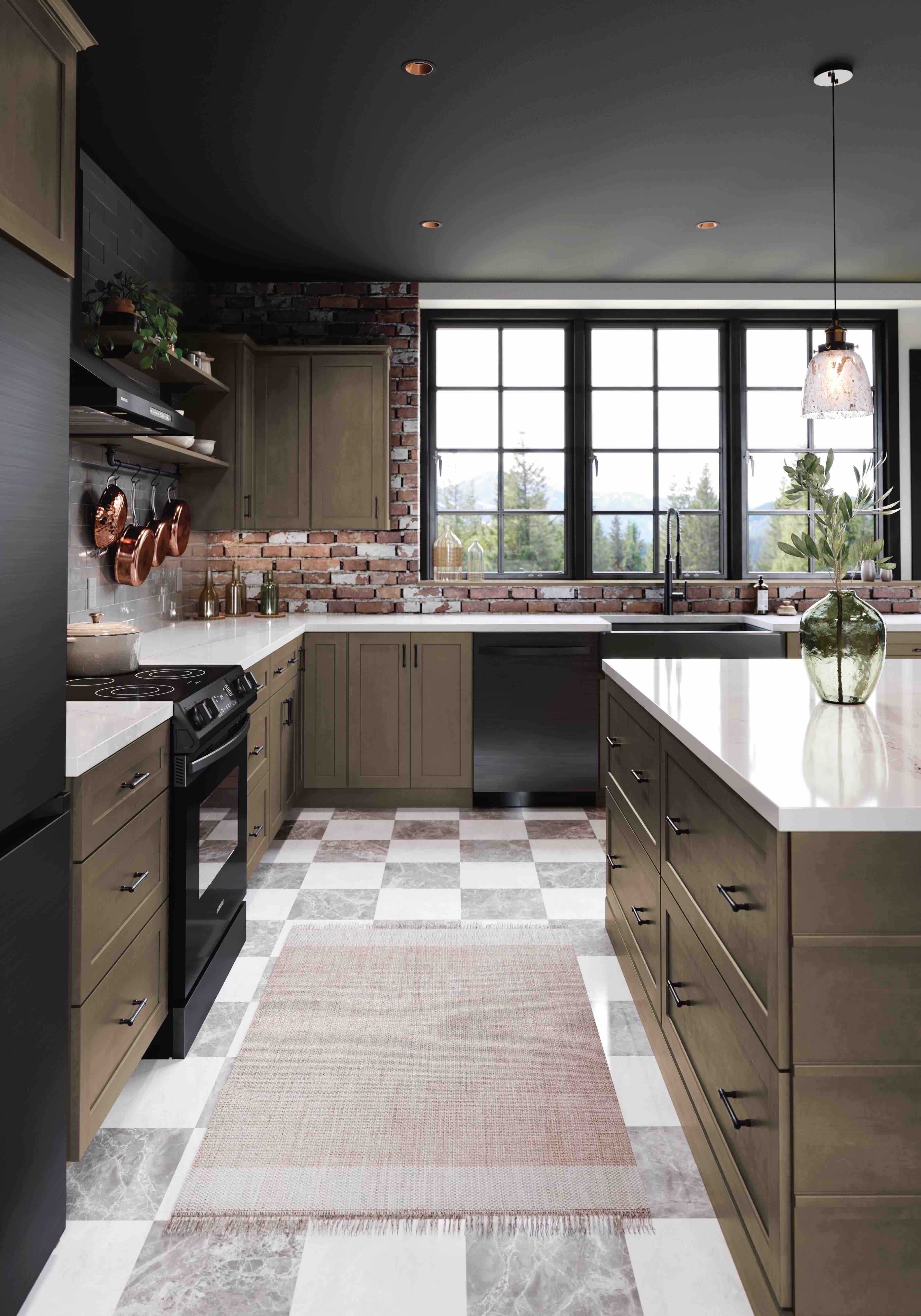 classic kitchen with tile floors, light countertops, and wooden cabinets