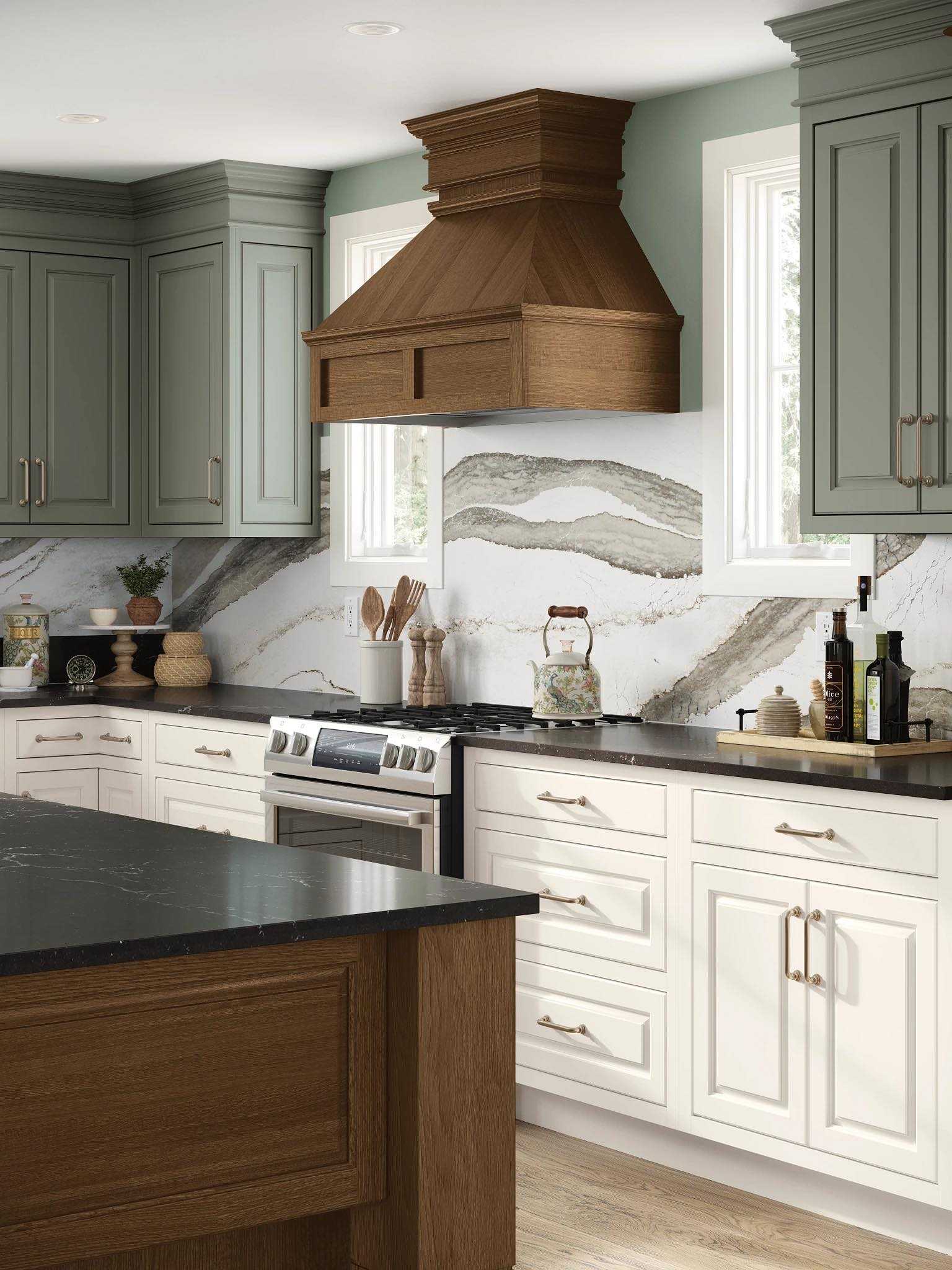 classic kitchen with green cabinets and granite backsplash