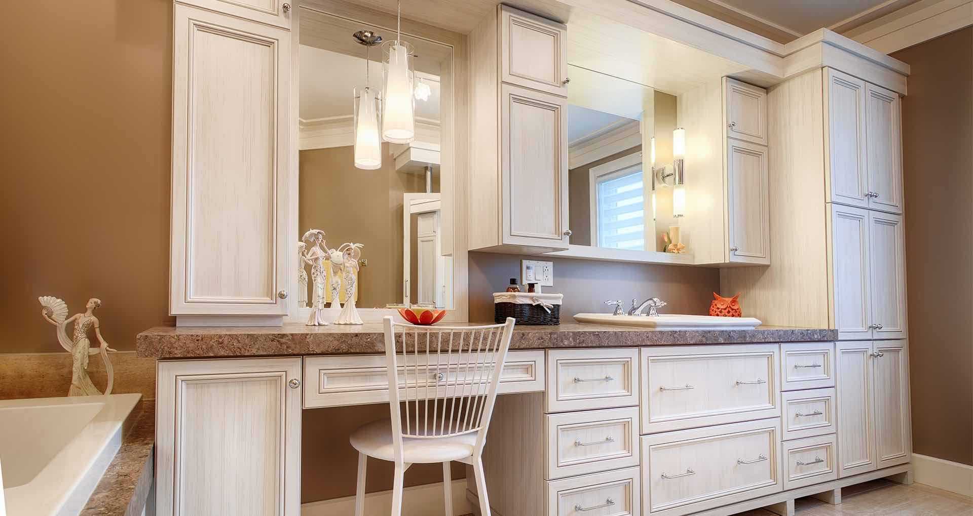 bathroom with classic white cabinets